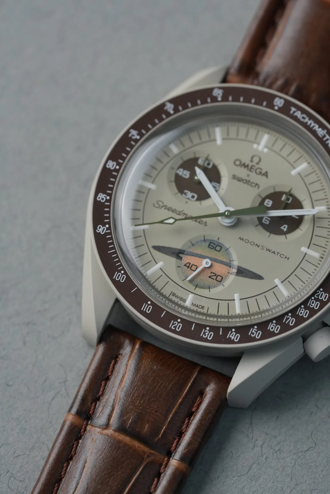 MoonSwatch Saturn Embossed Leather Strap — Brown - Image 12