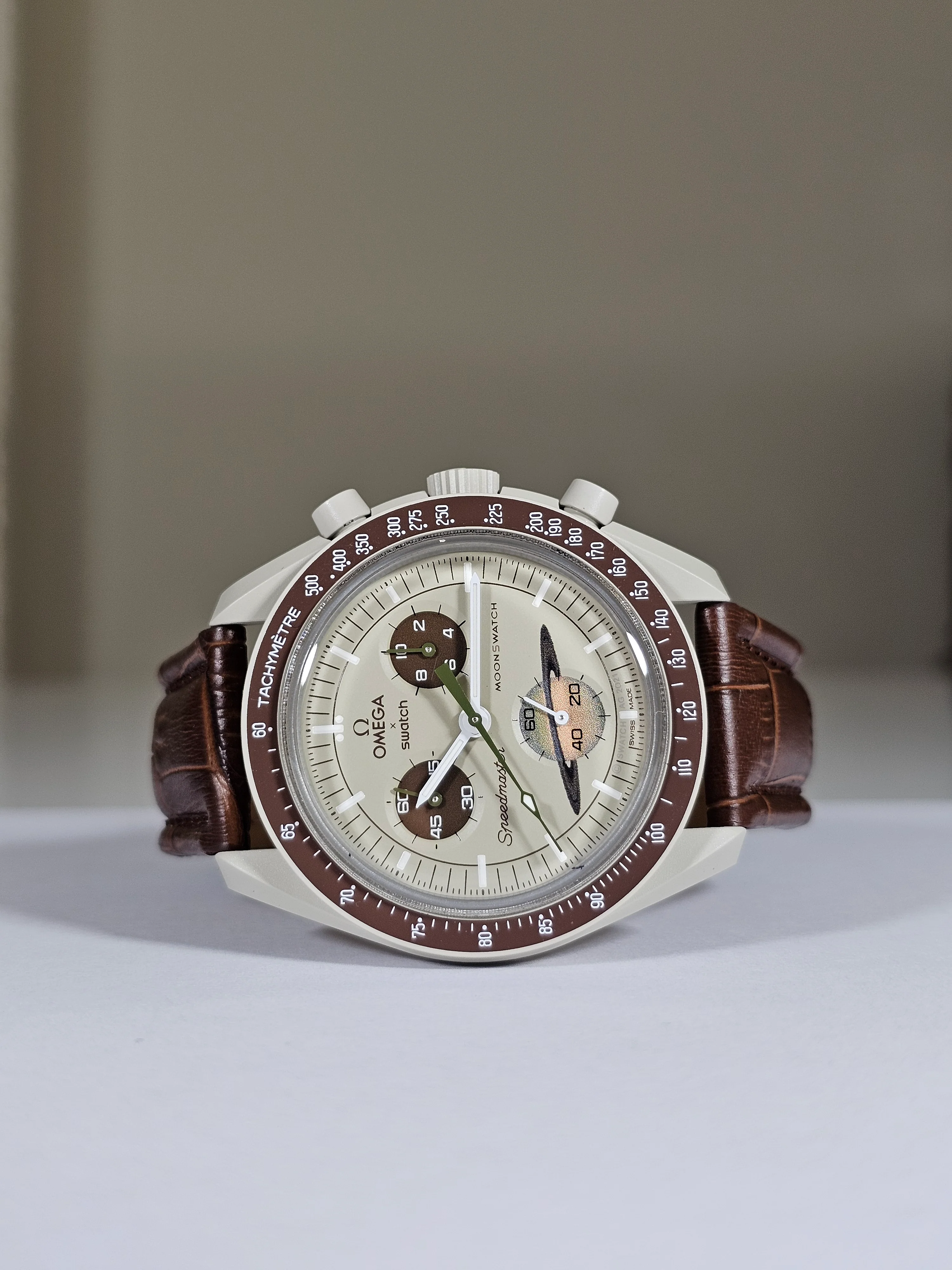 MoonSwatch Saturn Embossed Leather Strap — Brown - Image 4