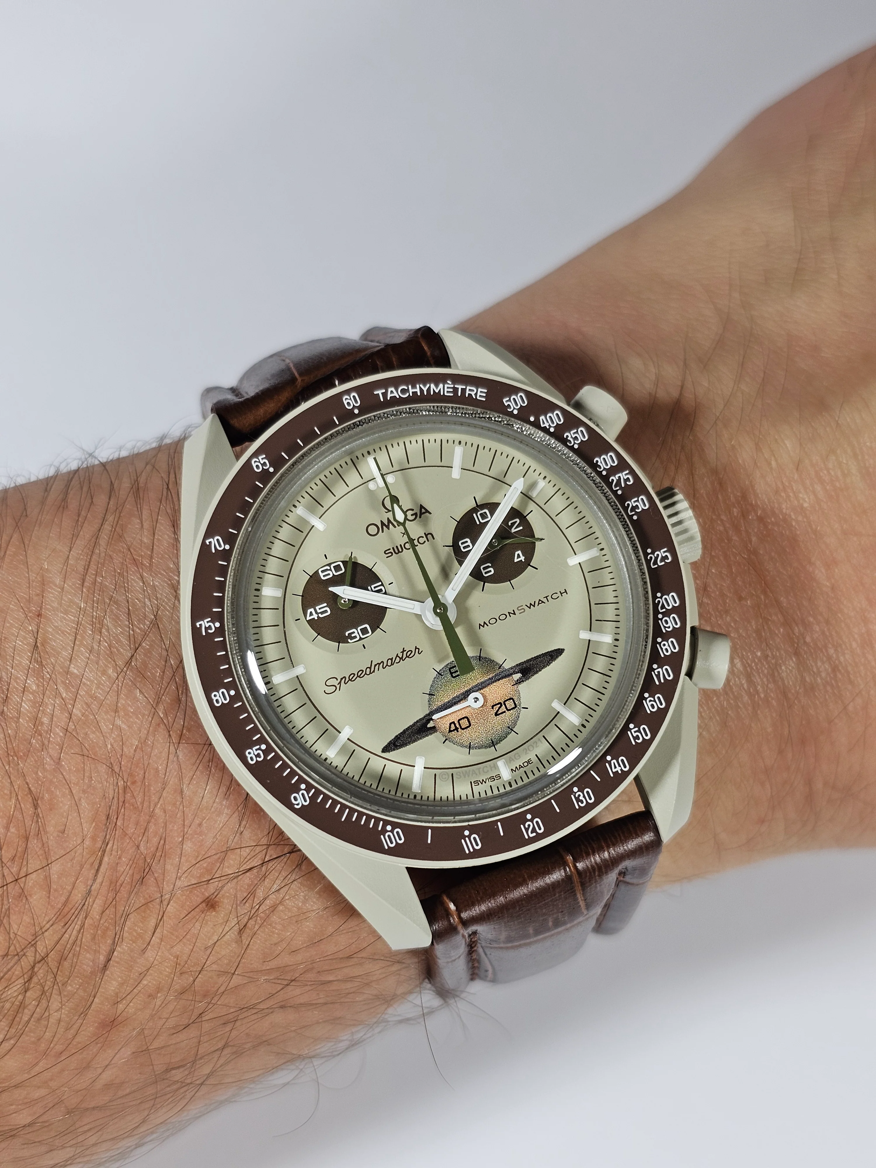 MoonSwatch Saturn Embossed Leather Strap — Brown - Image 6