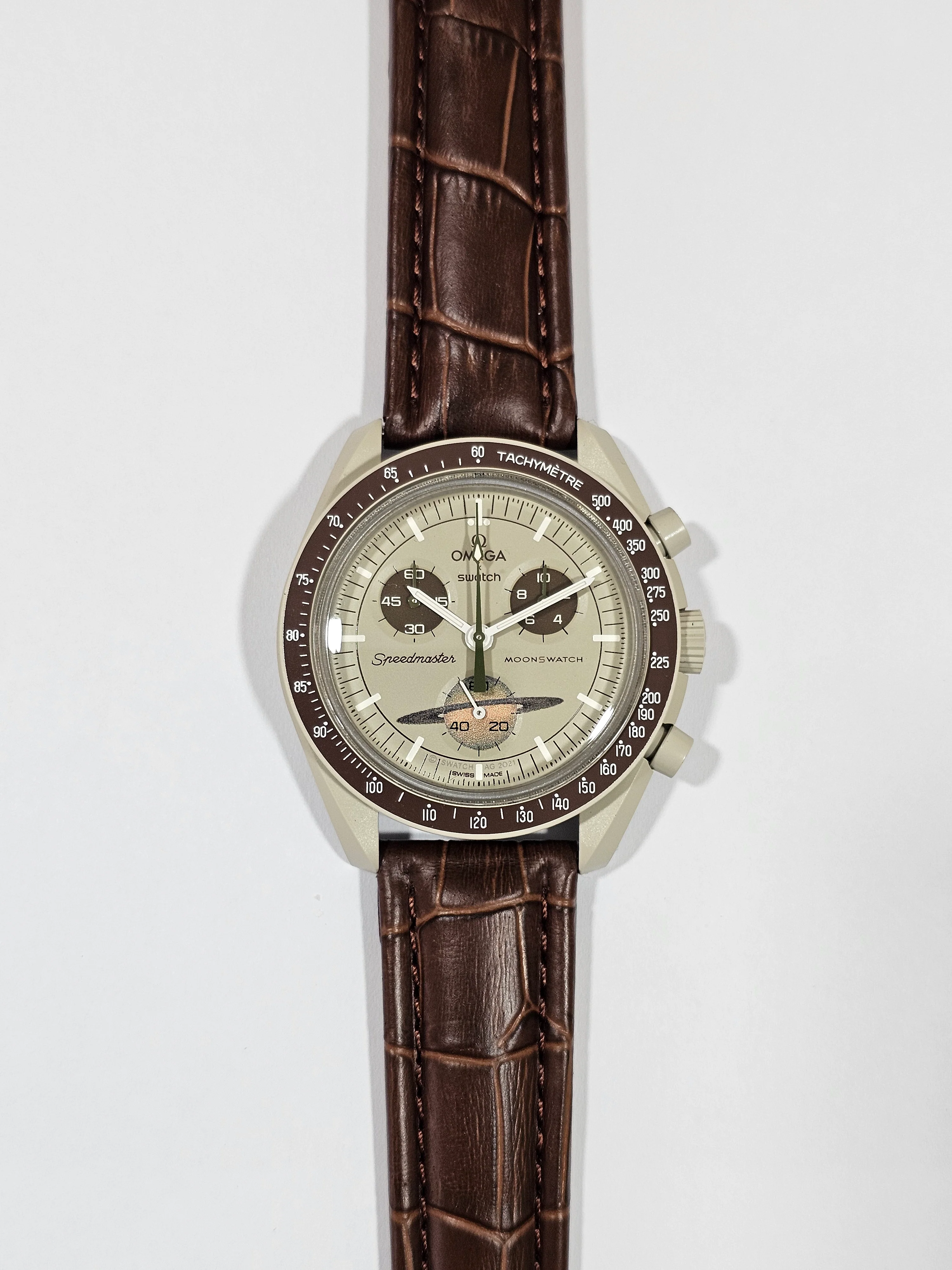 MoonSwatch Saturn Embossed Leather Strap — Brown - Image 7