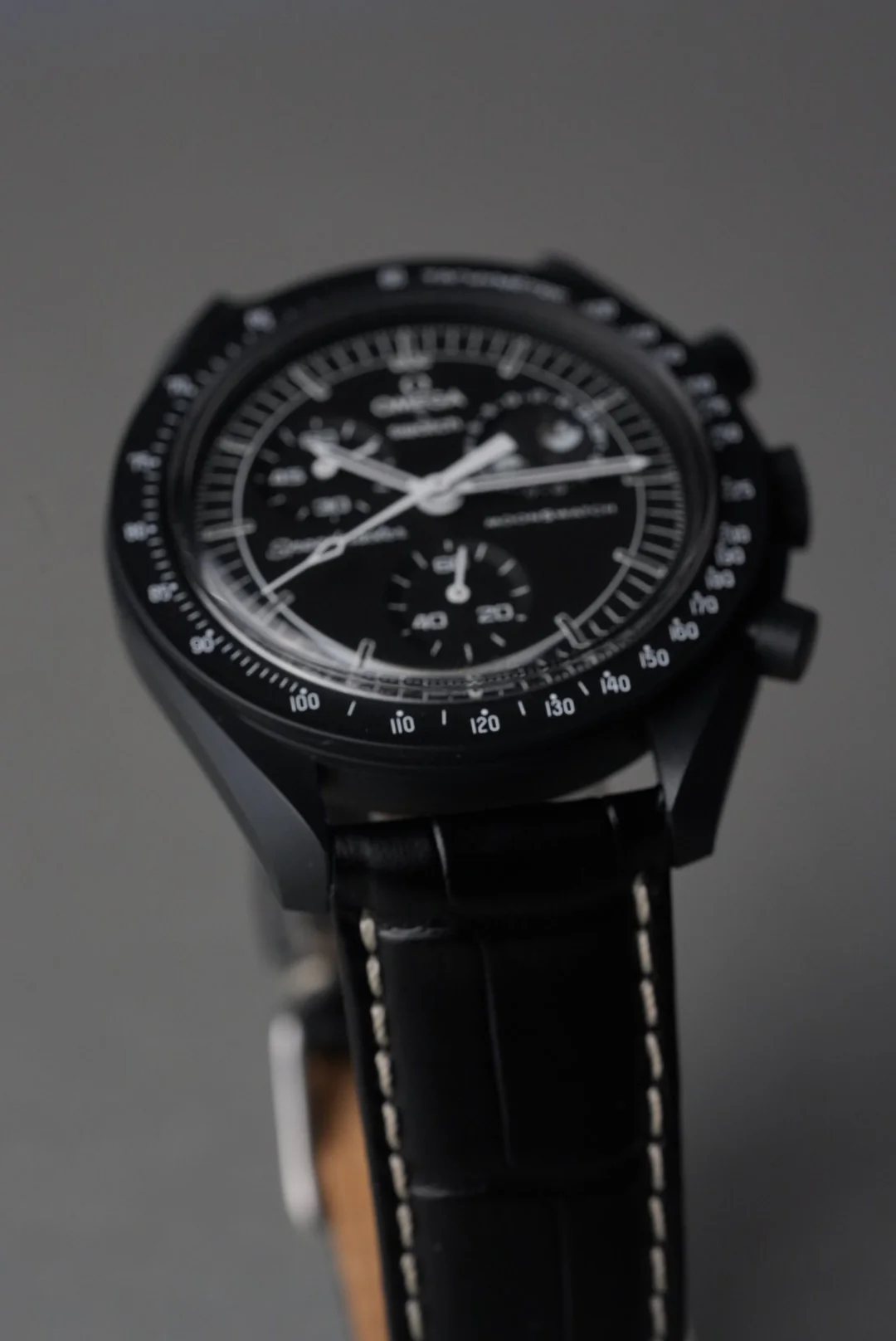 MoonSwatch Snoopy Embossed Alligator Leather Strap — Black with White Stitch - Image 6