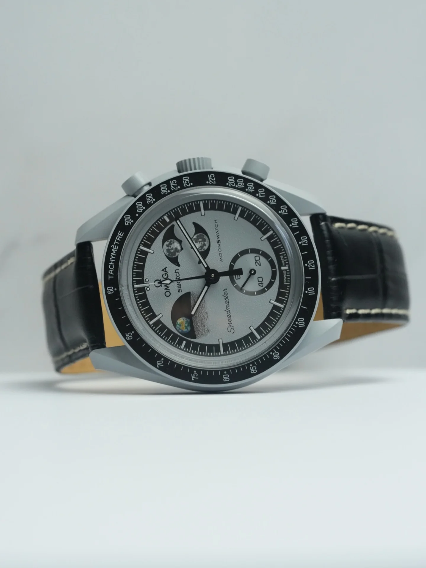 MoonSwatch EarthPhase Embossed Leather Strap — Black with White Stitch - Image 3