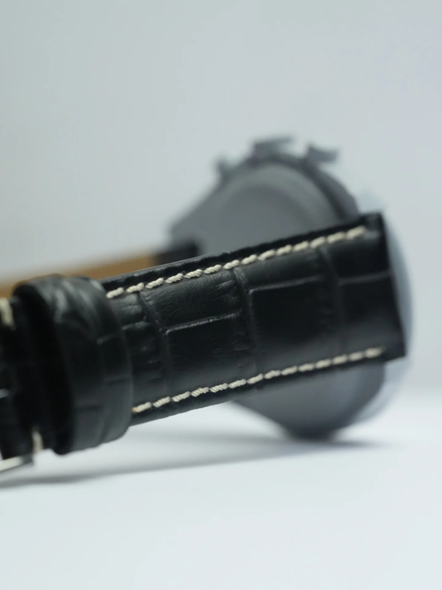 MoonSwatch EarthPhase Embossed Leather Strap — Black with White Stitch - Image 4