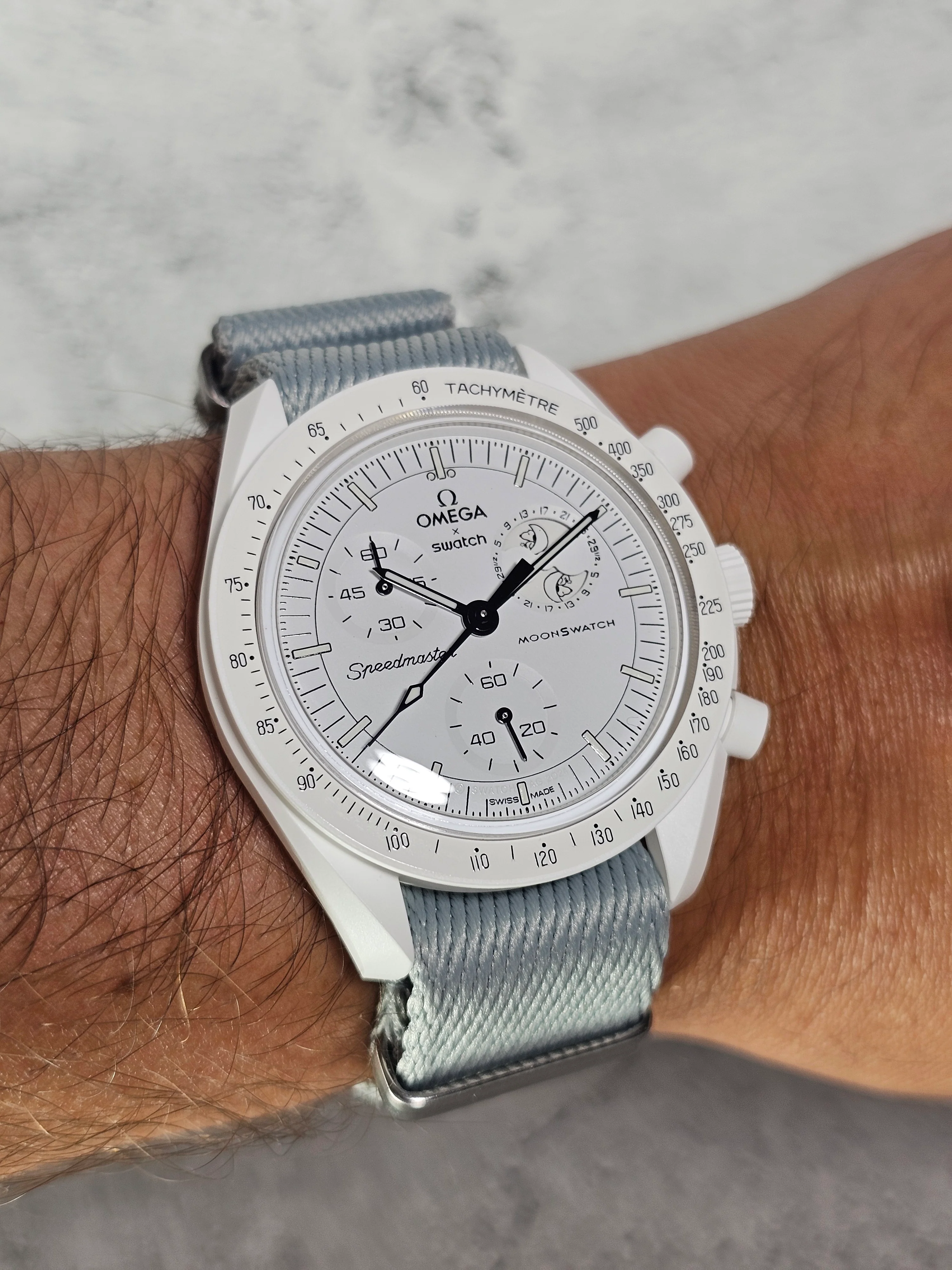 MoonSwatch Snoopy Military Fabric Strap – Silver - Image 3