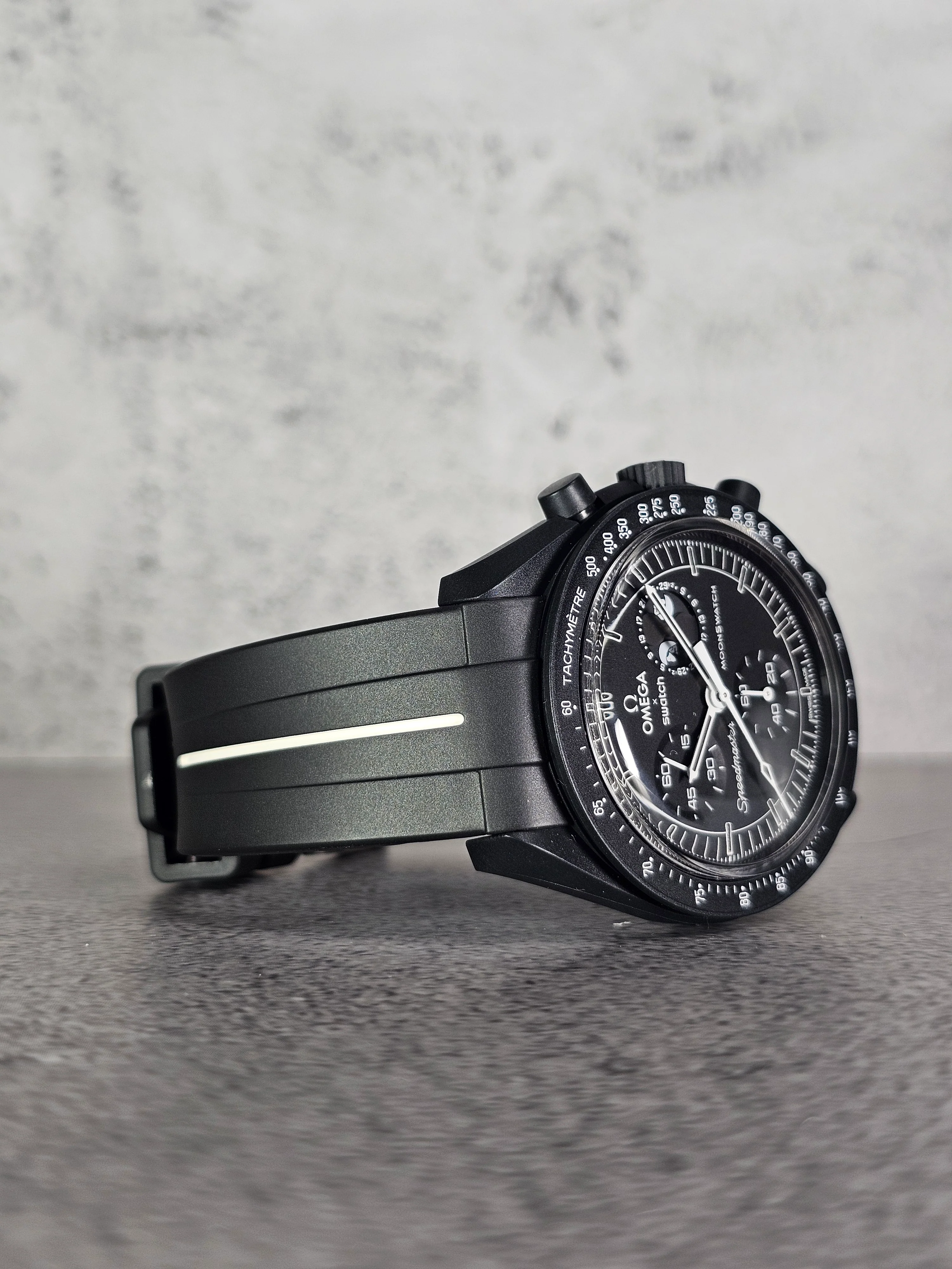 MoonSwatch Snoopy Rubber Woven Strap — Black with White Stripe - Image 3