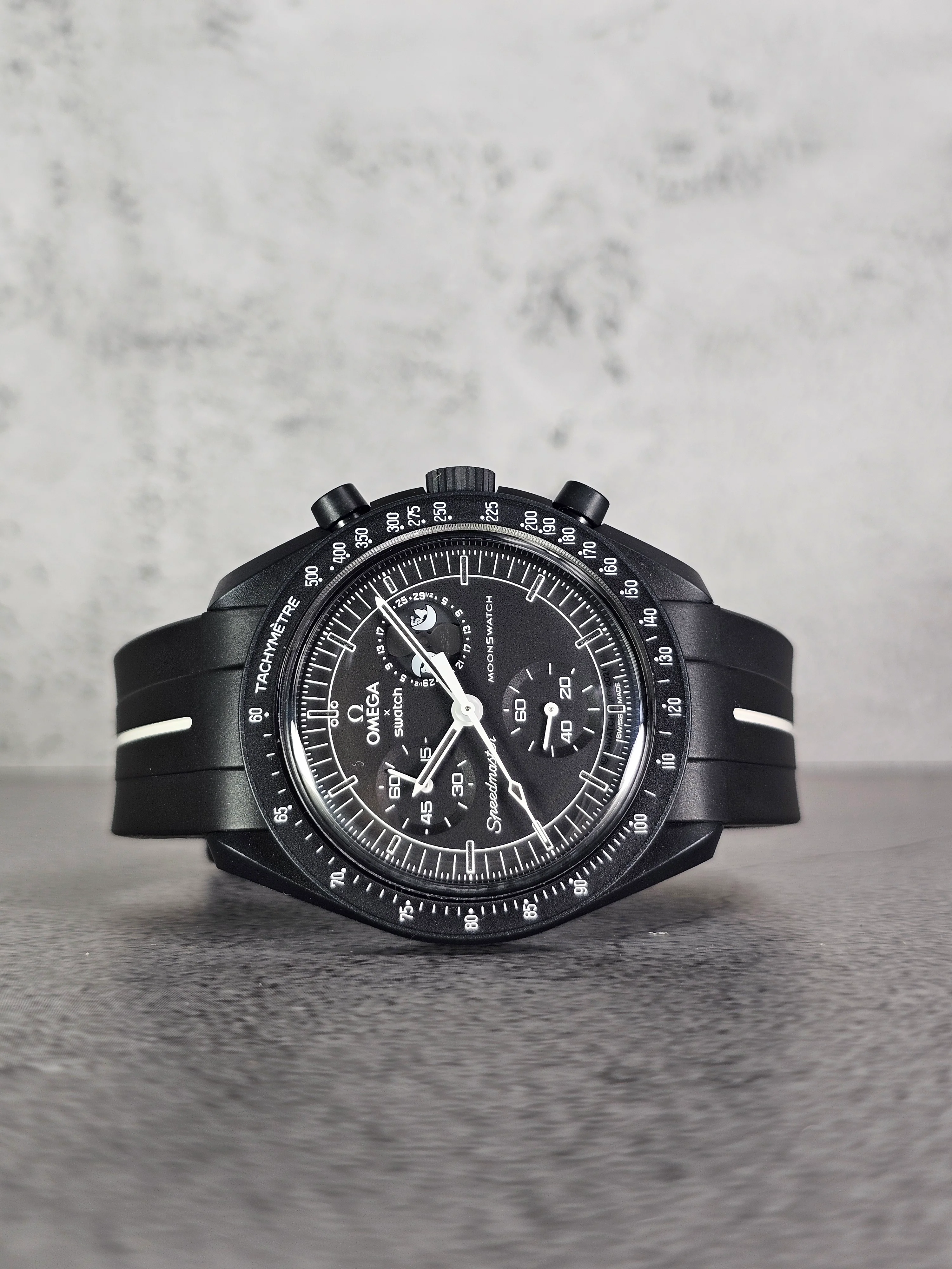 MoonSwatch Snoopy Rubber Woven Strap — Black with White Stripe - Image 4