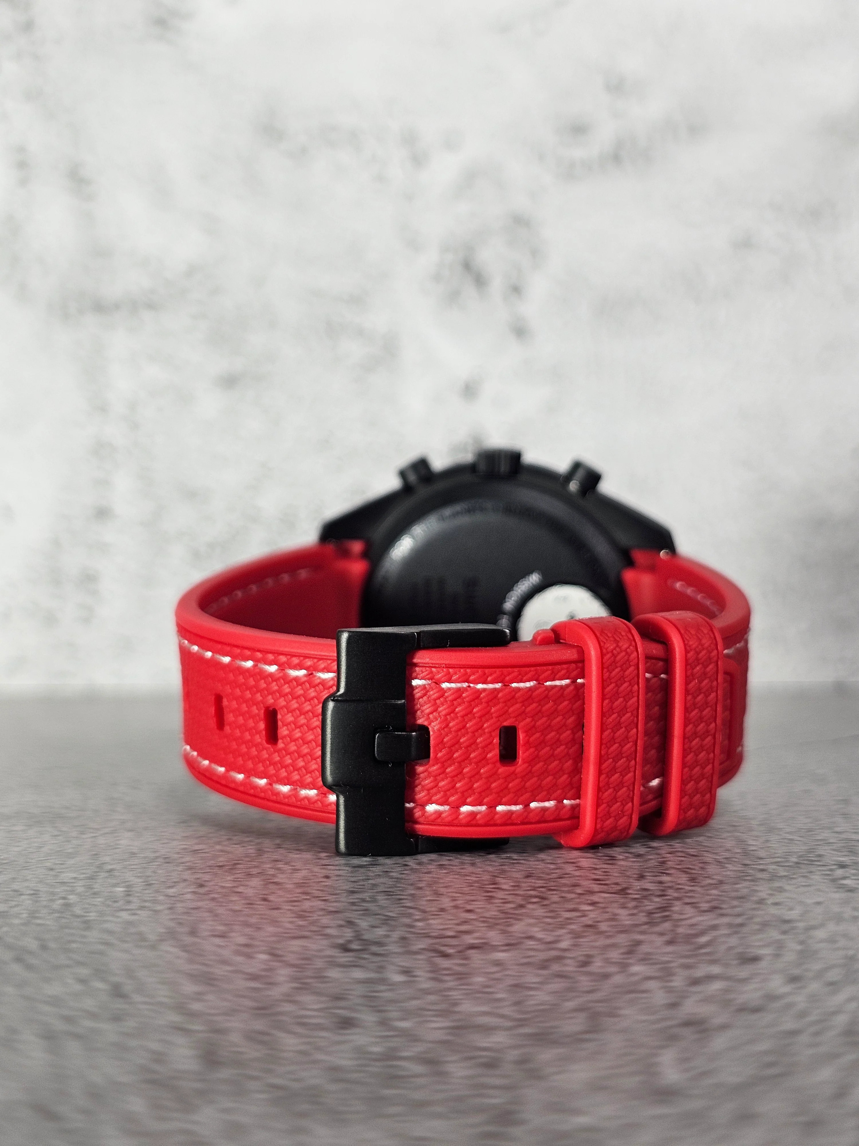 MoonSwatch Snoopy Rubber Woven Strap — Red with White Stitch - Image 5