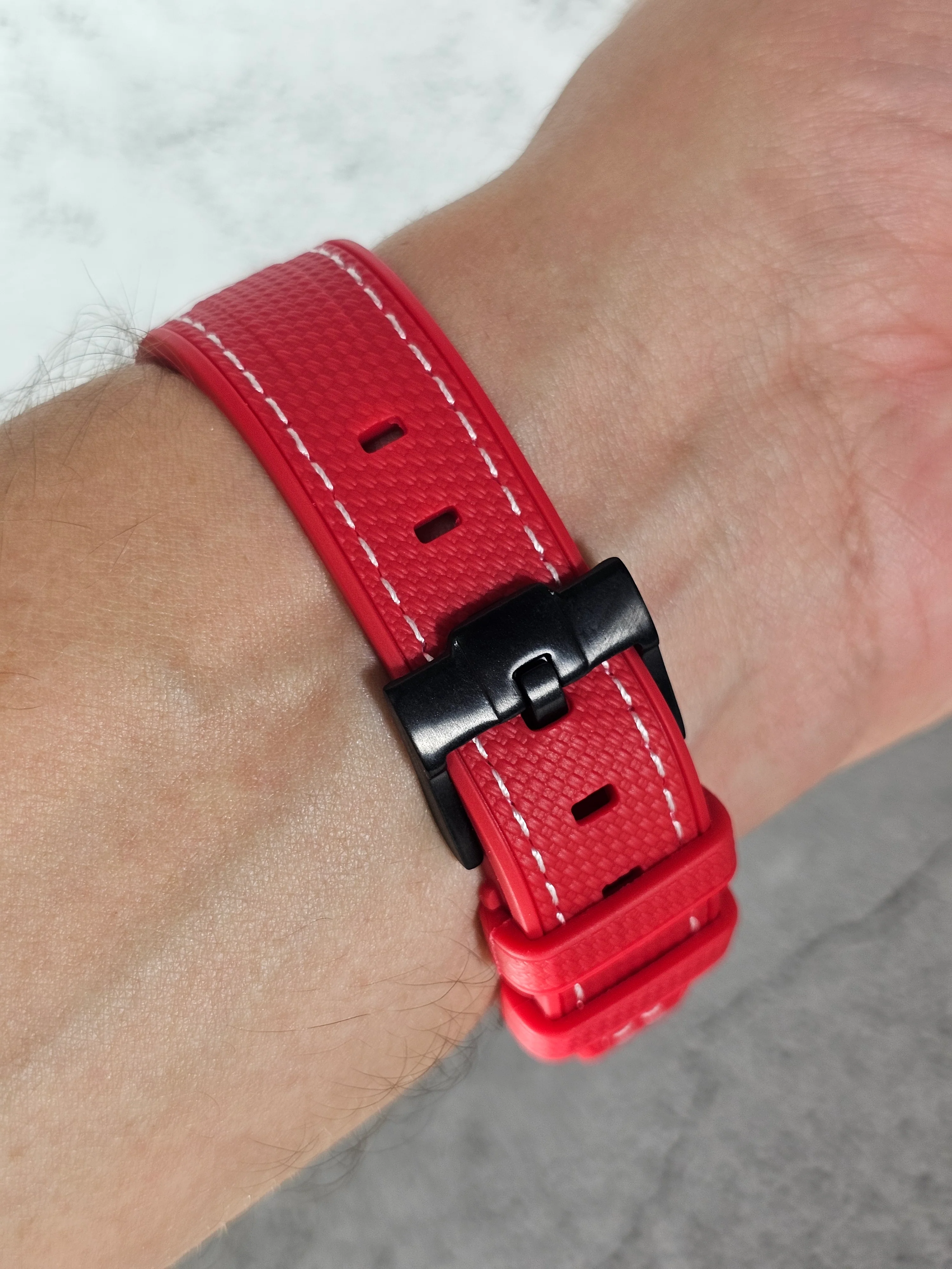 MoonSwatch Snoopy Rubber Woven Strap — Red with White Stitch - Image 7
